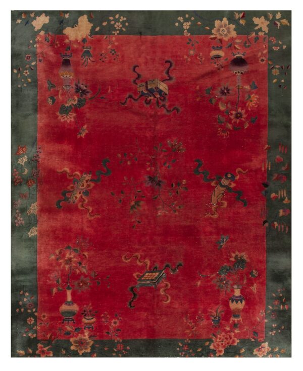 Ornate crimson rug with scattered vases and scrolls, featuring a wide teal-green floral border.