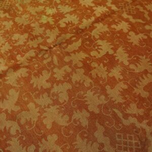 Rust and gold low-pile rug with repeating large-scale botanical designs; a green border section is visible.