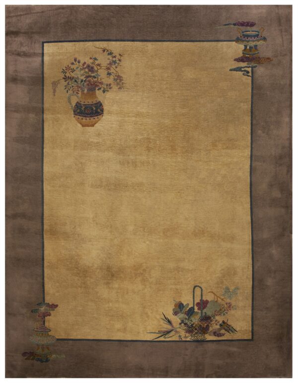 Gold rug with a wide brown border and colorful stylized vases and baskets near the corners.