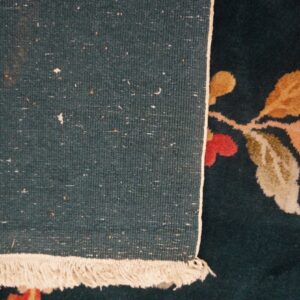 The rug's woven backing, white fringe, and dark green pile with gold and red floral details are visible.