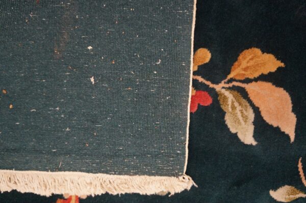 The rug's woven backing, white fringe, and dark green pile with gold and red floral details are visible.