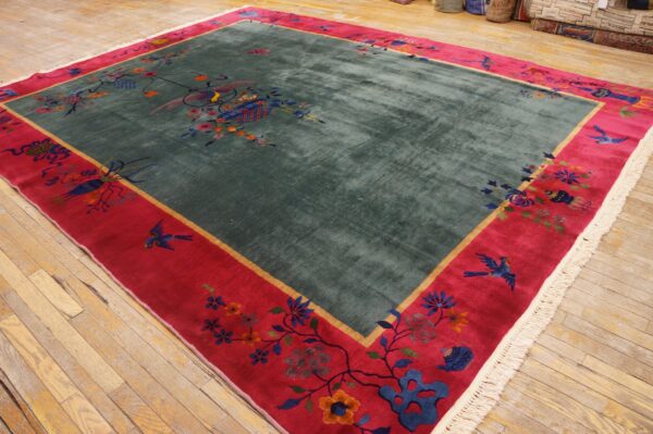 Teal pile rug with deep red border, featuring colorful birds and floral designs on wood floors.