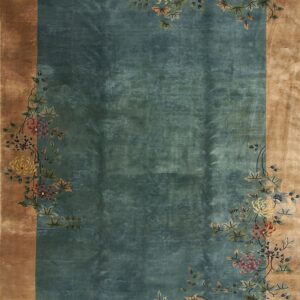 Teal central panel and tan border accented by winding vines and multicolored chrysanthemum motifs.