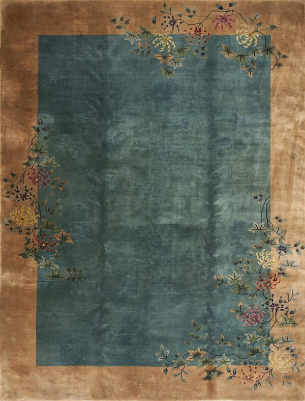 Teal central panel and tan border accented by winding vines and multicolored chrysanthemum motifs.