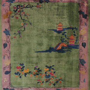 Sage green rug with a colorful floral and pagoda landscape design inside a pink botanical border.