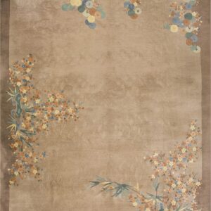 Muted brown rug with asymmetric pastel flowers and bamboo imagery clustered in the corners.