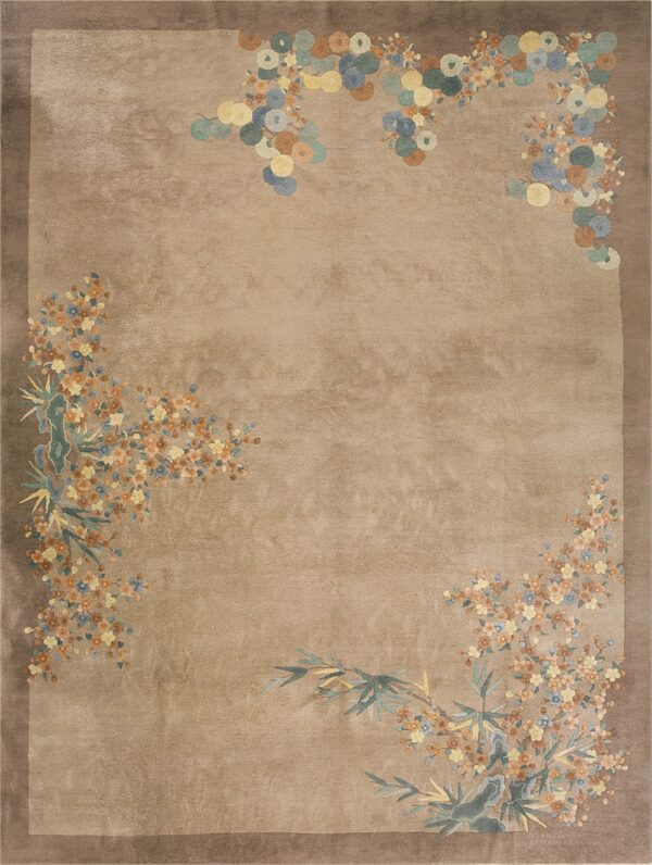 Muted brown rug with asymmetric pastel flowers and bamboo imagery clustered in the corners.