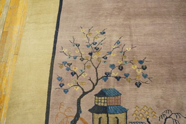 Lilac rug featuring a stylized tree and blue pagoda on a gold border near distressed wood flooring.