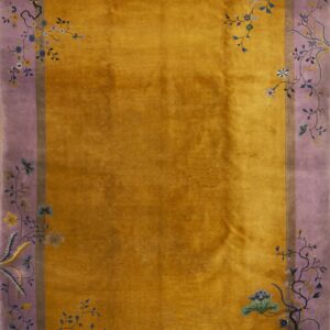 Gold rug featuring a lavender border adorned with highly stylized floral and vase motifs.