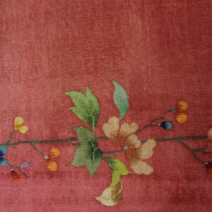 Deep rose plush rug featuring a multicolored floral vine border on distressed wood flooring.