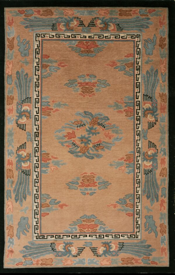 Beige rug with floral art deco design.