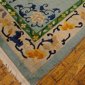Light blue floral rug with beige, yellow, and green borders rests on rustic wood flooring, showing fringe.