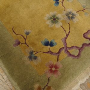 Gold and green rug featuring floral branches in blue and pink, resting on distressed wood planks.