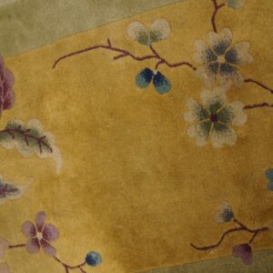 Gold rug with a sage green border and stylized floral pattern rests on distressed pale wood planks.