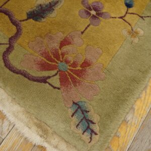 Plush floral rug in yellow and green with red, blue, and purple motifs on distressed wooden flooring.