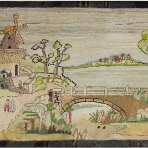 Antique Artistic Dutch Windmill Scenic Pictorial American Folk Art Hooked Rug by Rugs On Net