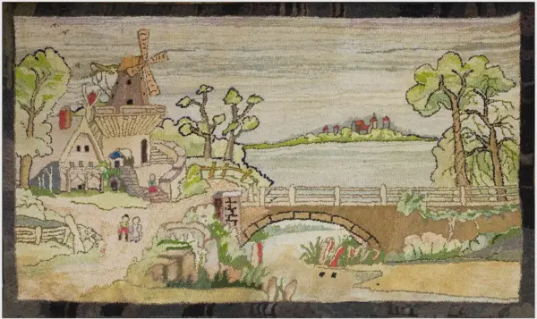 Antique artistic dutch windmill scenic pictorial american folk art hooked rug by rugs on net