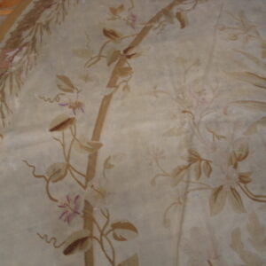 Muted tan rug with a floral vine pattern, showing a decorative leaf border over wood flooring.