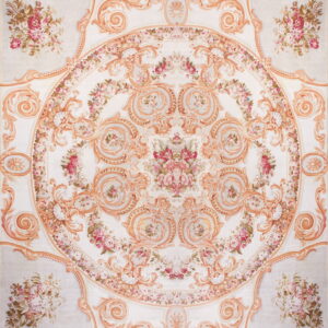 Symmetrical white rug featuring an ornate central medallion framed by peach scrolls and pink florals.