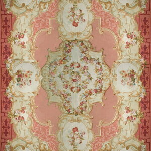 Ornate pink and cream traditional rug patterned with symmetrical medallions and multicolored floral clusters.