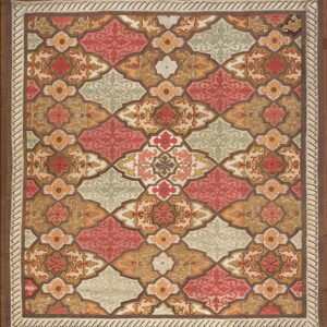 Square rug with a geometric tile pattern in coral, brown, orange, sage, and cream colors.