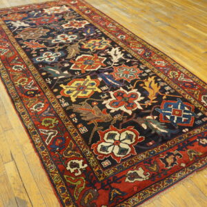 Colorful patterned runner rug with a dark field and red border lying on natural hardwood flooring.
