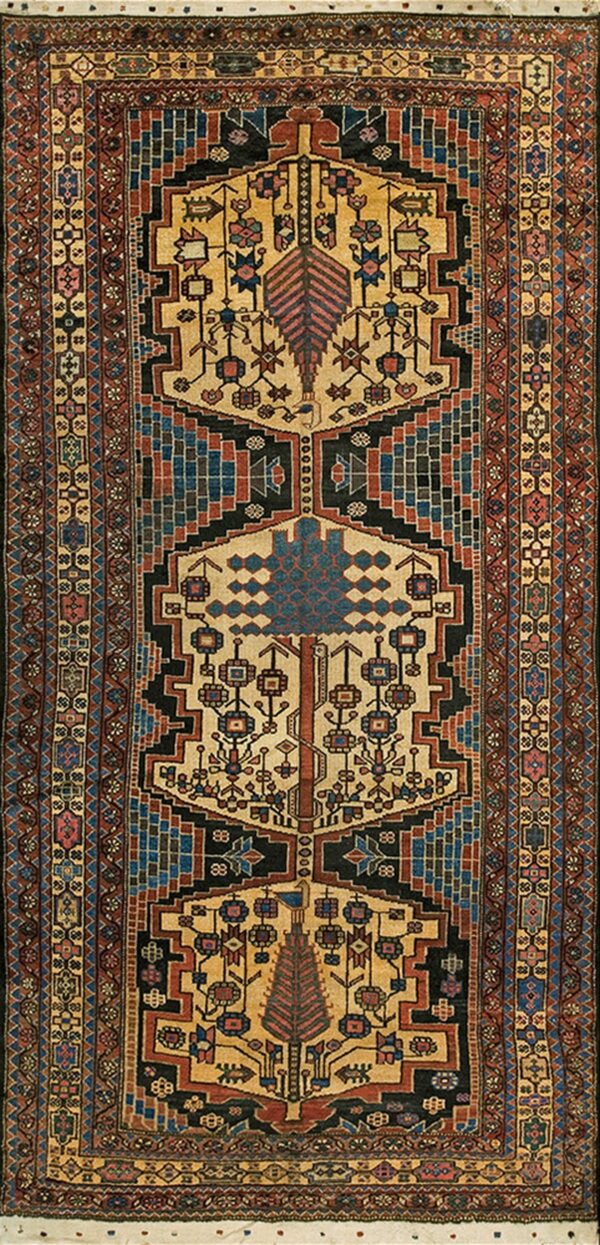 Traditional runner rug showing three nested geometric panels on a golden field bordered by complex repeating designs.
