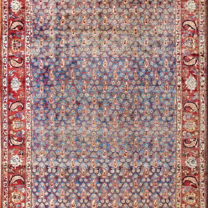 A low-pile rug featuring a faded blue field with an all-over paisley pattern and a wide red floral border.