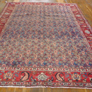 Blue rug with repeating cream paisley motifs and crimson floral borders covers a wood plank floor.