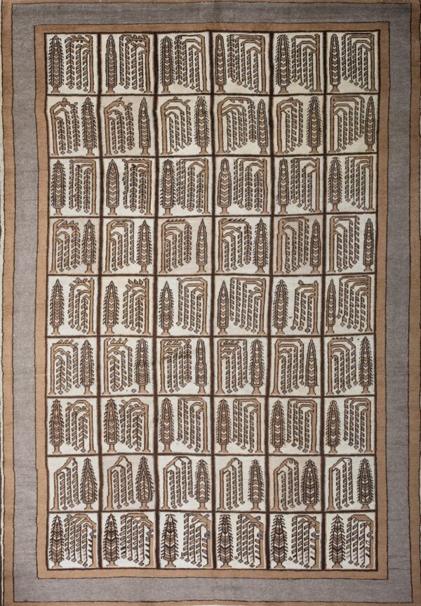 Cream rug featuring a geometric tiled pattern of brown abstract plant motifs and a layered gray border.