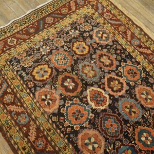 Ornate rug featuring orange, teal, and gold medallions on a black ground with wide rust borders on wood flooring.