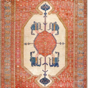 Red rug with an ivory center featuring stylized blue motifs, an angular medallion, and blue-toned guard borders.