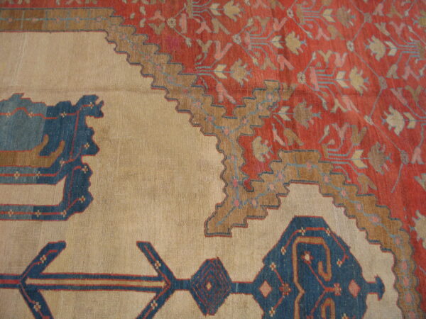 Stepped brown borders separate a busy rust-red floral pattern from a plain beige rug field.
