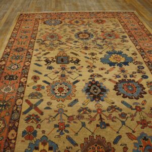 Tan rug with rustic blue and orange tribal designs and wide border rests on distressed wood planks.