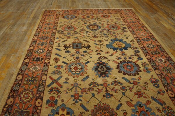 Tan rug with rustic blue and orange tribal designs and wide border rests on distressed wood planks.