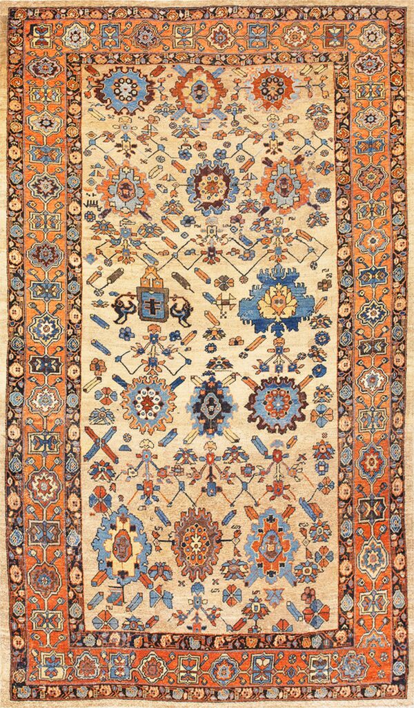 Traditional area rug with a beige field, featuring stylized blue and orange folk motifs and a wide orange border.