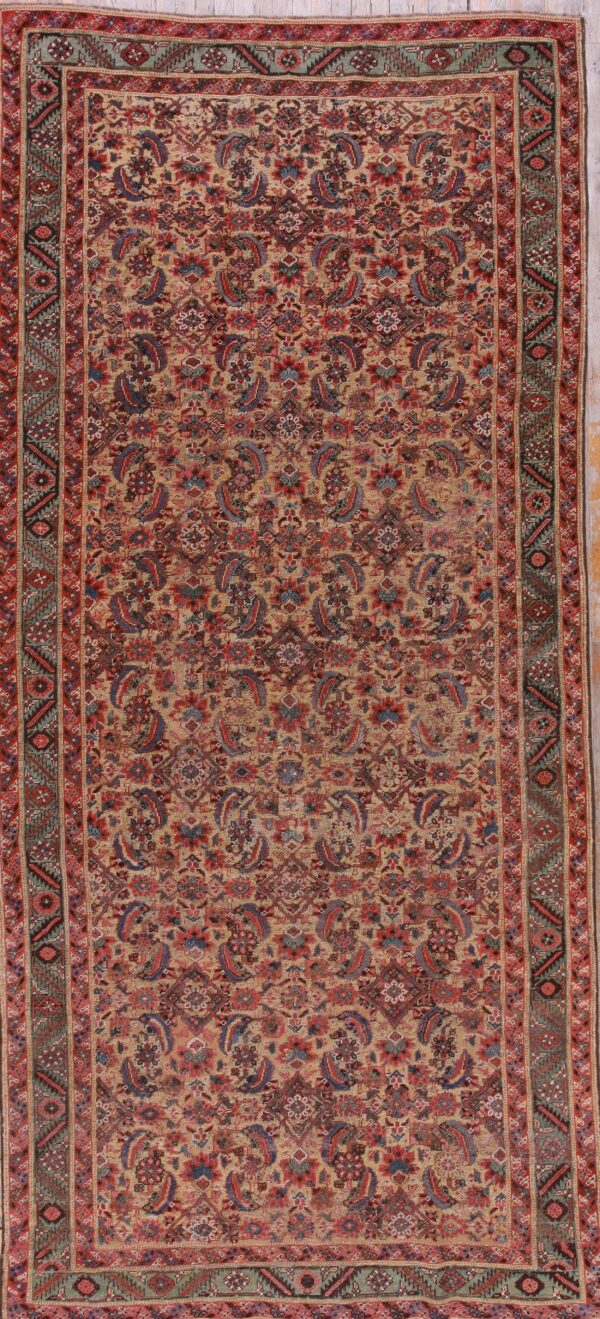 Tan rug with dense red and blue traditional motifs and a contrasting olive green patterned border.