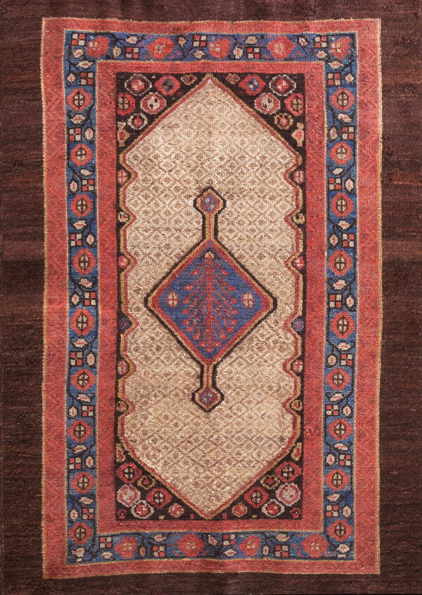 Geometric rug featuring a central beige field with a blue and red stylized tree motif framed by terracotta and blue borders.