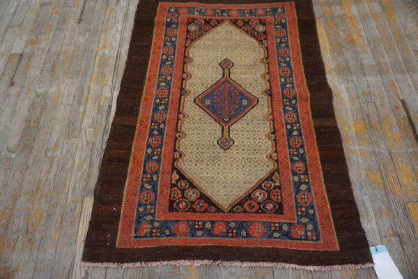 Brown, beige, red, and blue geometric rug with an arch motif lies on faded gray wood flooring.