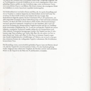 A catalog page displays black text detailing the description and technical specifications of a rug.