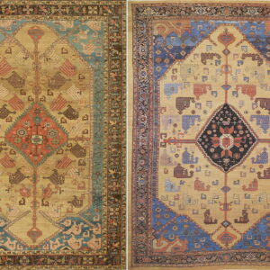 Pair of tribal rugs with tan fields, central geometric medallions, and contrasting blue, coral, and dark borders.