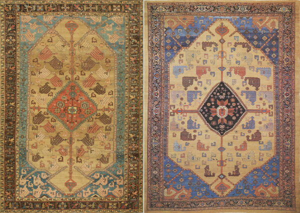 Pair of tribal rugs with tan fields, central geometric medallions, and contrasting blue, coral, and dark borders.