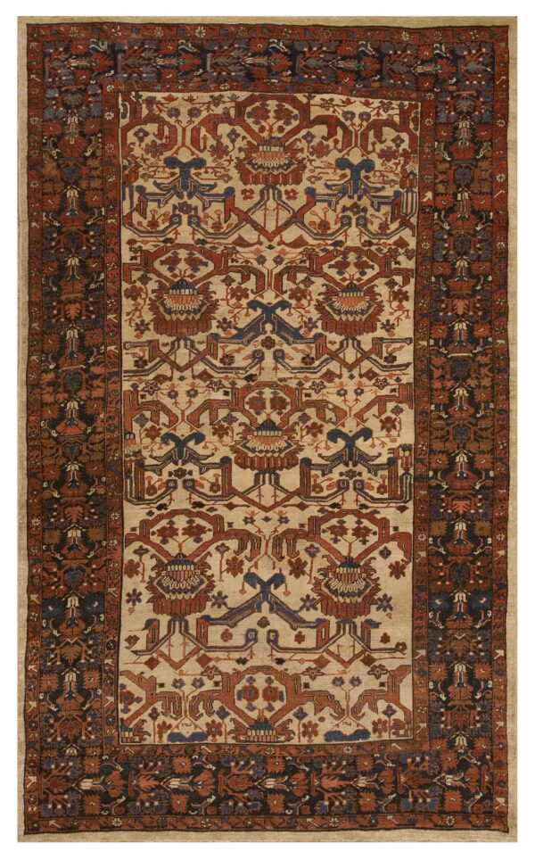 Traditional rug featuring a beige field, stylized rust, and navy blue geometric patterns within a dark ornate border.