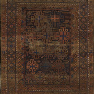 Distressed rug with dark navy, rust, and brown geometric patterns and complex, detailed borders.