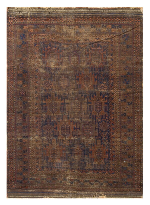 Dark brown, rust, and dark blue geometric rug with heavy distress, frayed edges, and low pile.