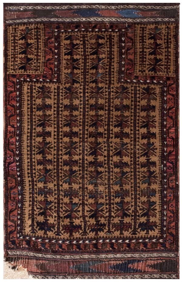 Dark brown and tan geometric rug with repeating patterns and red accent borders.