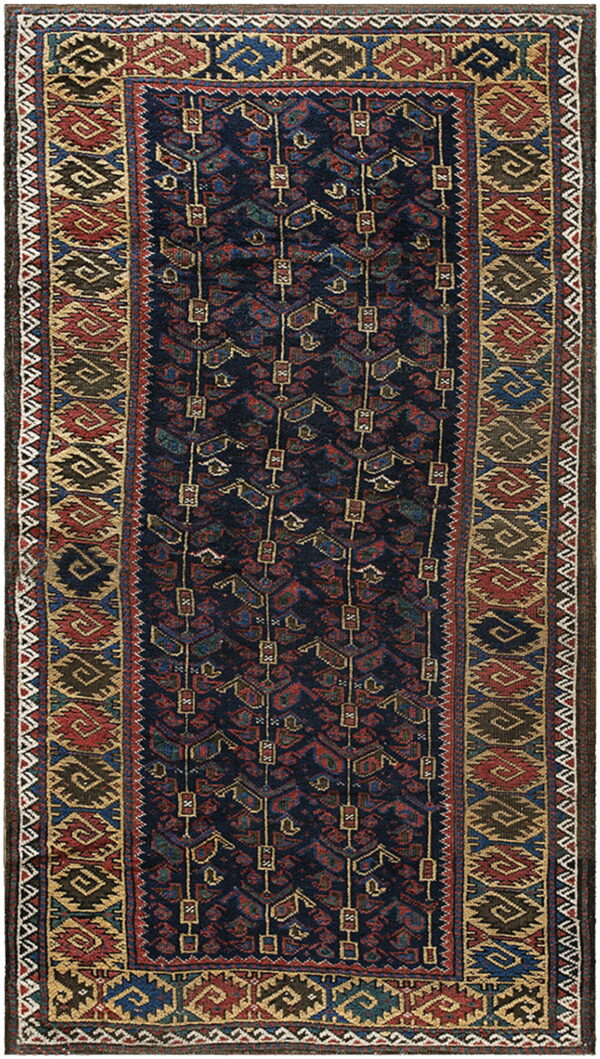 Dark navy rug with red, blue, and gold geometric tribal patterns in the field and wide medallion borders.