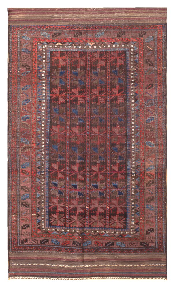 Dark, traditional geometric rug featuring repeating red and blue motifs on a deep brown field.