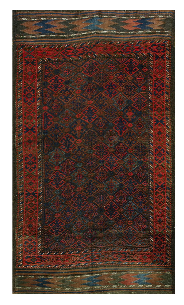 Dark geometric rug with red and navy interlocking diamond patterns, featuring a wide red border and flat-woven ends.