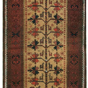 Tan rug with a central Tree of Life design surrounded by a wide geometric red and dark border.